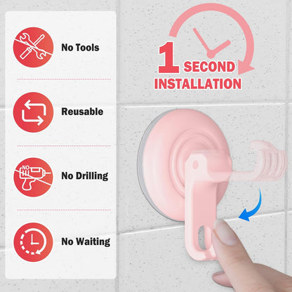 Suction Cup Hooks for Shower, Powerful Vacuum Shower Hook for Towel, Robe, Loofah - Reuseable and Removeable Bathroom Hook, Pink, 4 Pack