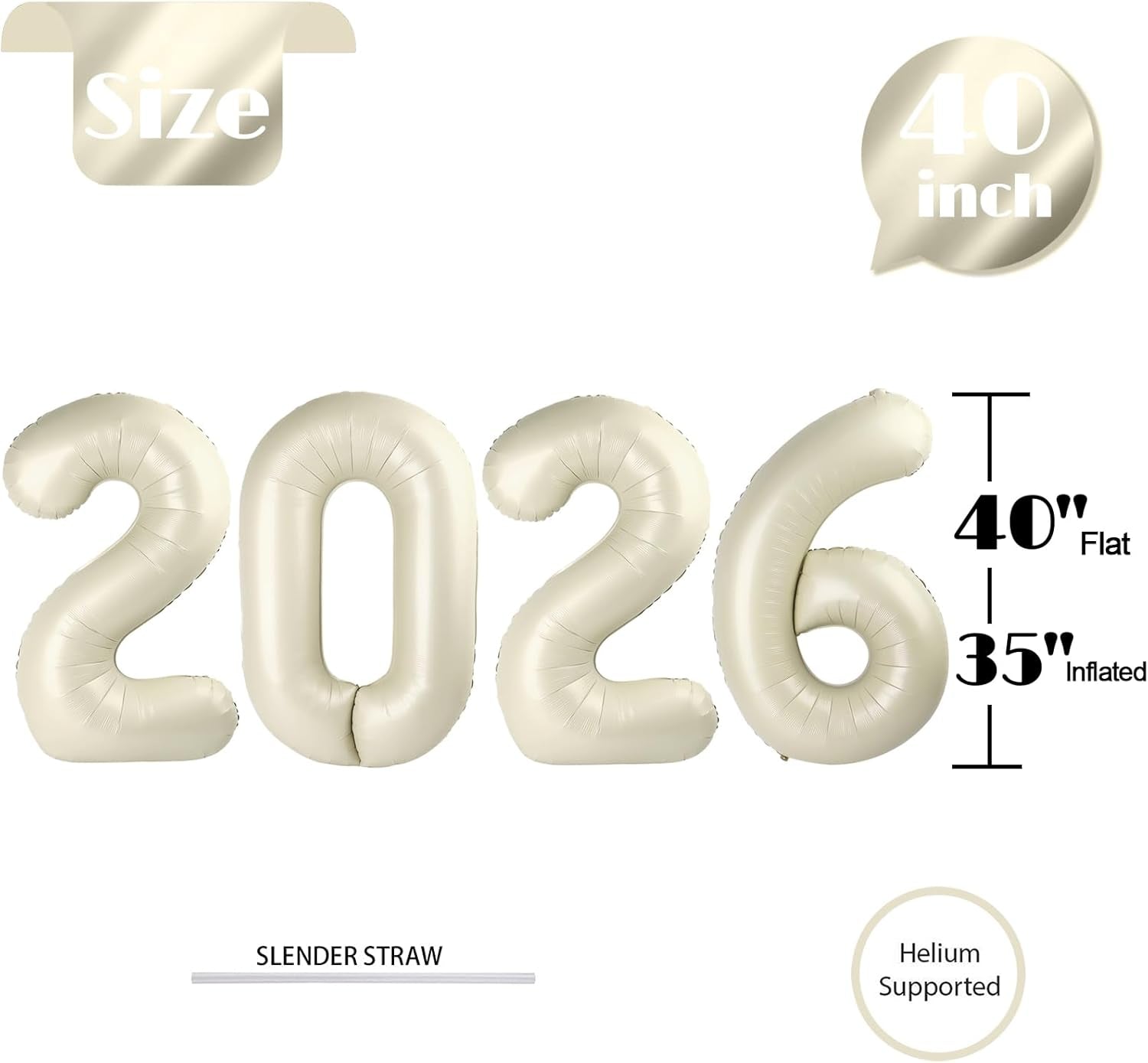2026 Balloon Numbers - 40 Inch Cream New Years Eve Party Supplies 2026, Nye Decor Party Decorations Happy New Year, New Years Eve Foil Party Balloons
