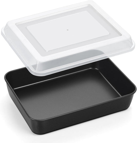 Toaster Oven Pan with Lid, Nonstick Cake Lasagna Pan Rectangular Tray for Baking Roasting Storing, Stainless Steel Core & Plastic Cover, Oven & Freezer Safe, (10.5 Inch, 2Pcs)