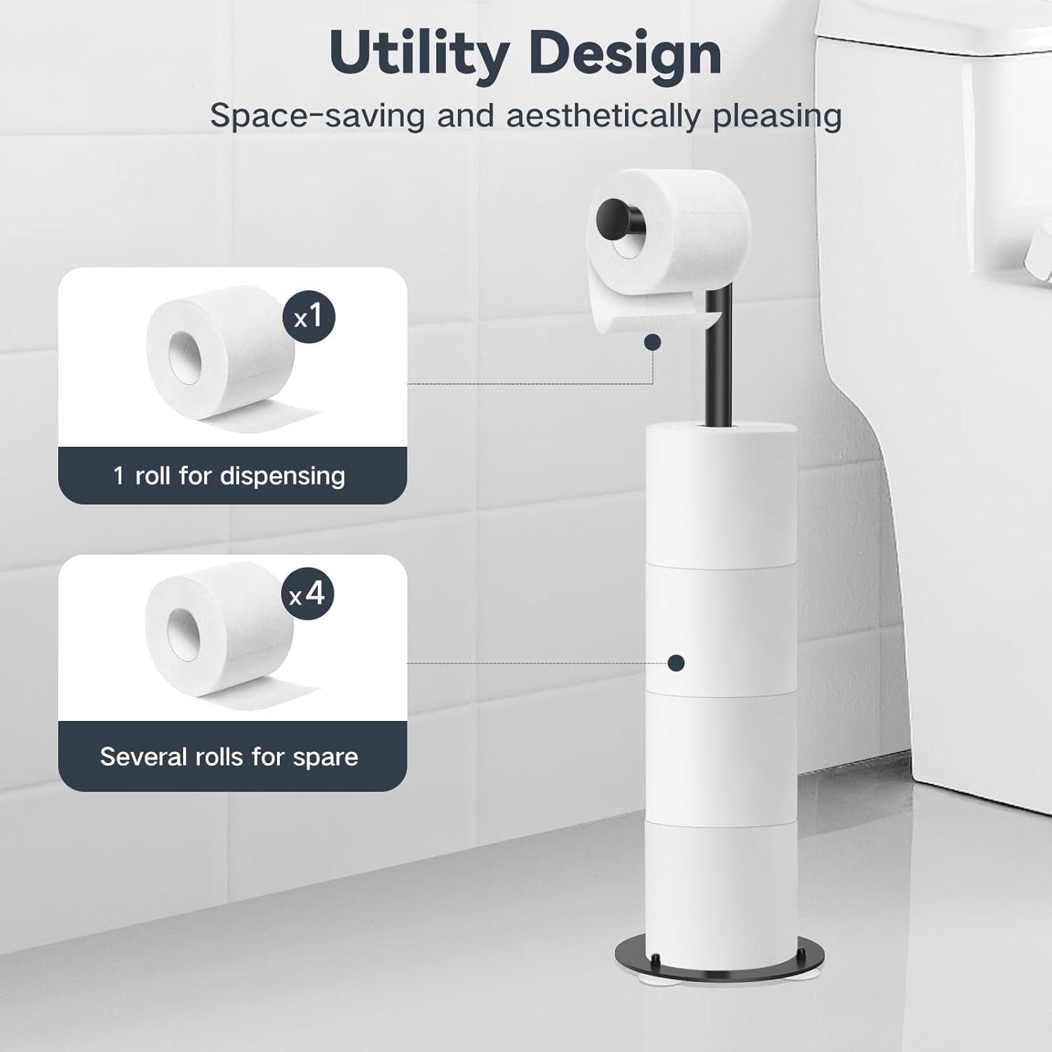 Suction Cup Toilet Paper Holder Stand Free Standing Toilet Paper Holder with Suction Cups, Stainless Steel Toilet Paper Storage for Bathroom, Weighted Base, Black