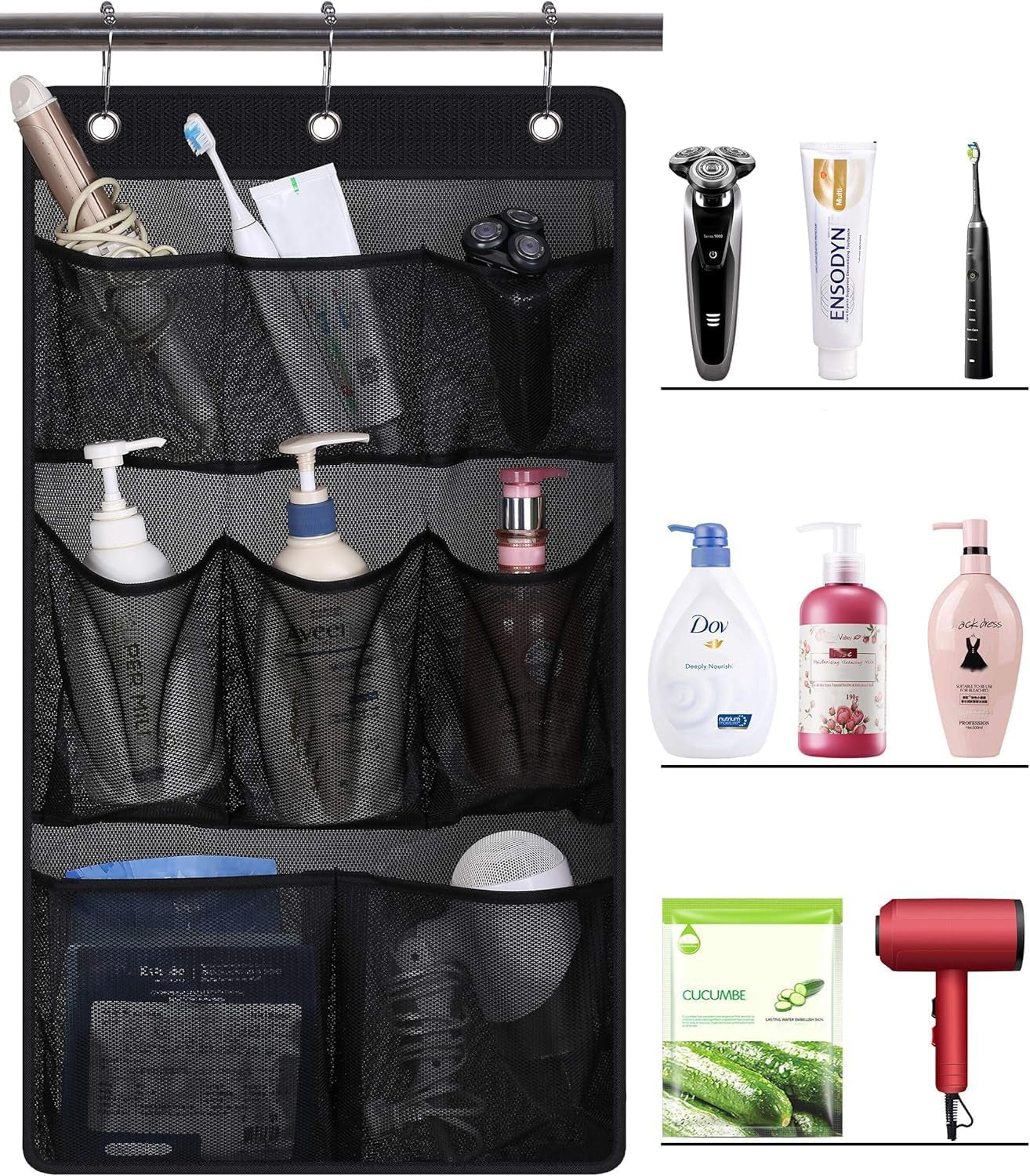 Mesh Shower Caddy Hanging Bathroom Organizer Storage with 2 Large Pockets 3 Rings Hang Curtain Rod for Dorm Cruise RV, Black