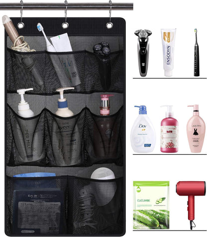 Mesh Shower Caddy Hanging Bathroom Organizer Storage with 2 Large Pockets 3 Rings Hang Curtain Rod for Dorm Cruise RV, Black