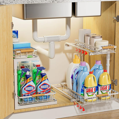 2 Pack under Sink Organizer and Storage, 2 Tier Pull Out Cabinet Organizer, Slide Out under Sink Storage Shelf, Undersink Organizers Shelves for Kitchen Bathroom Pantry Organization