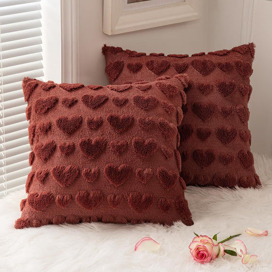 Set of 2 Burgundy Valentines Pillow Covers Heart Love Christmas Decorative Christmas Cute Throw Pillows 18X18 Inch Soft Plush Faux Wool Farmhouse for Spring Sofa Livingroom Bed