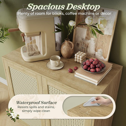 Buffet Cabinet with Storage and PE Rattan Decor Doors, Accent Sideboard with Solid Wood Legs for Hallway, Entryway, and Living Room in Natural Finish