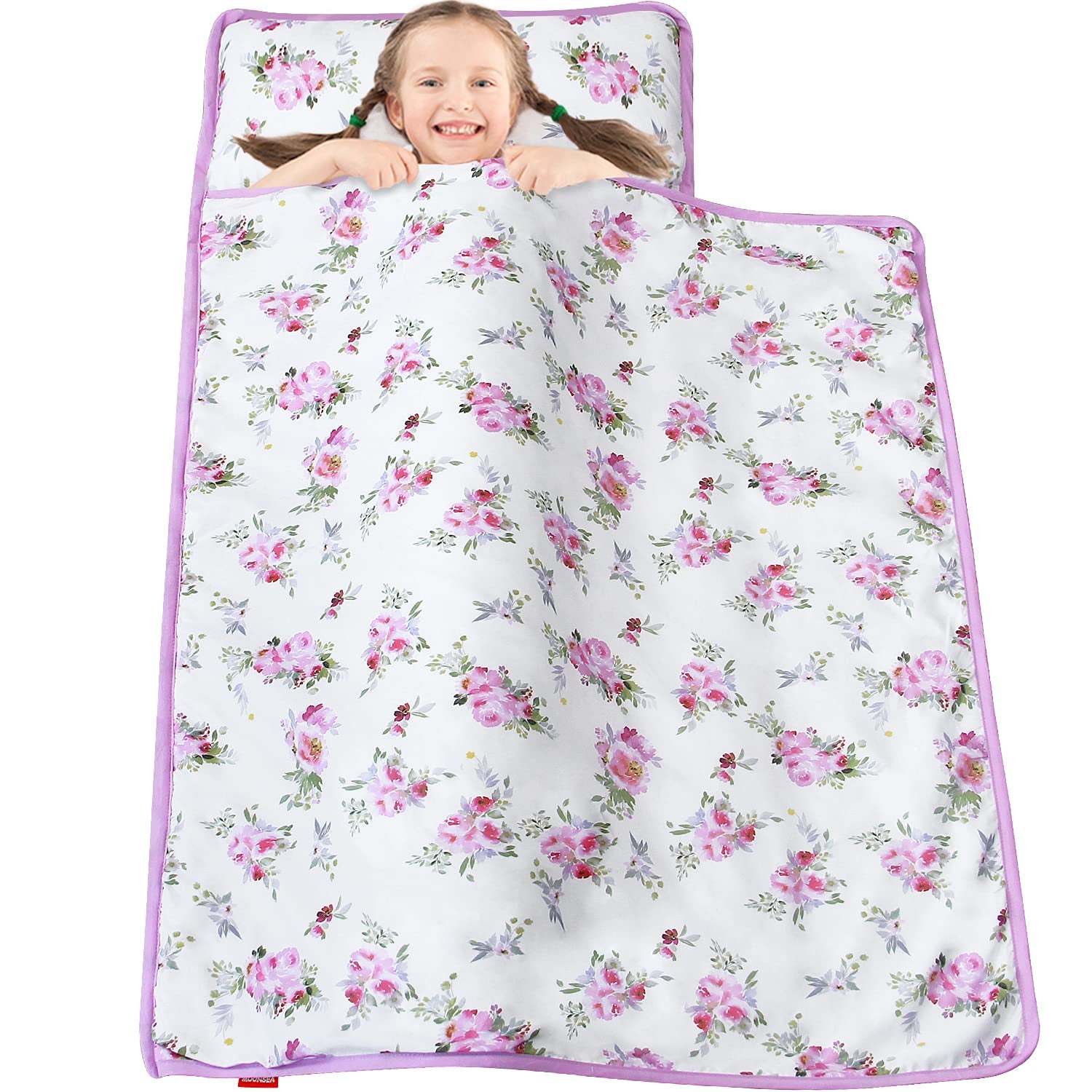 Toddler Nap Mat for Girls Floral, Kids Sleeping Mat with Fleece Blanket, Lightweight Perfect for Kids Preschool, Daycare, Travel Sleeping Bag, Fit Standard Cot