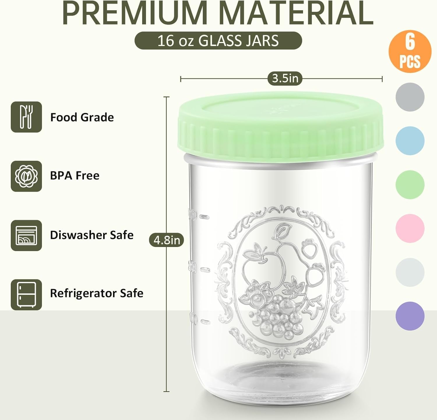 Overnight Oats Containers with Lids, 6-Pack Glass Mason Jars 16 Oz with Lids Wide Mouth, Reusable Food Storage Containers for Snack, Chia Pudding, Yogurt, Meal Prep, Salad