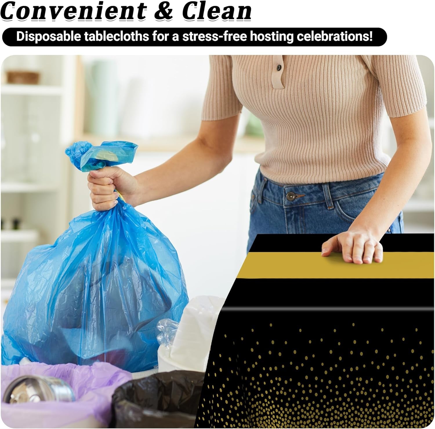 4Pack Black and Gold Tablecloths for Events, 54" X 108" Plastic Table Cloth Disposable for Rectangle Tables, Waterproof Table Cloth Cover for New Years Eve Decorations Holiday Birthday Wedding Dining