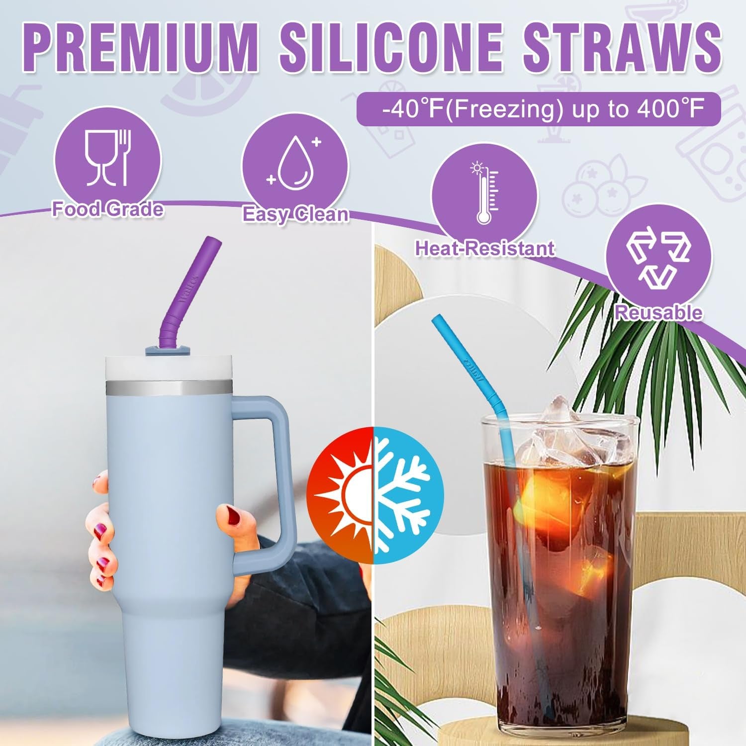 Reusable Silicone Straw - 2 Size Flexible Drinking Bendy Straws for Smoothies/20 & 30 Oz Tumblers, BPA Free (4 Wide Straws + 4 Regular Straw + 2 Cleaning Brushes excluding Storage Bag）