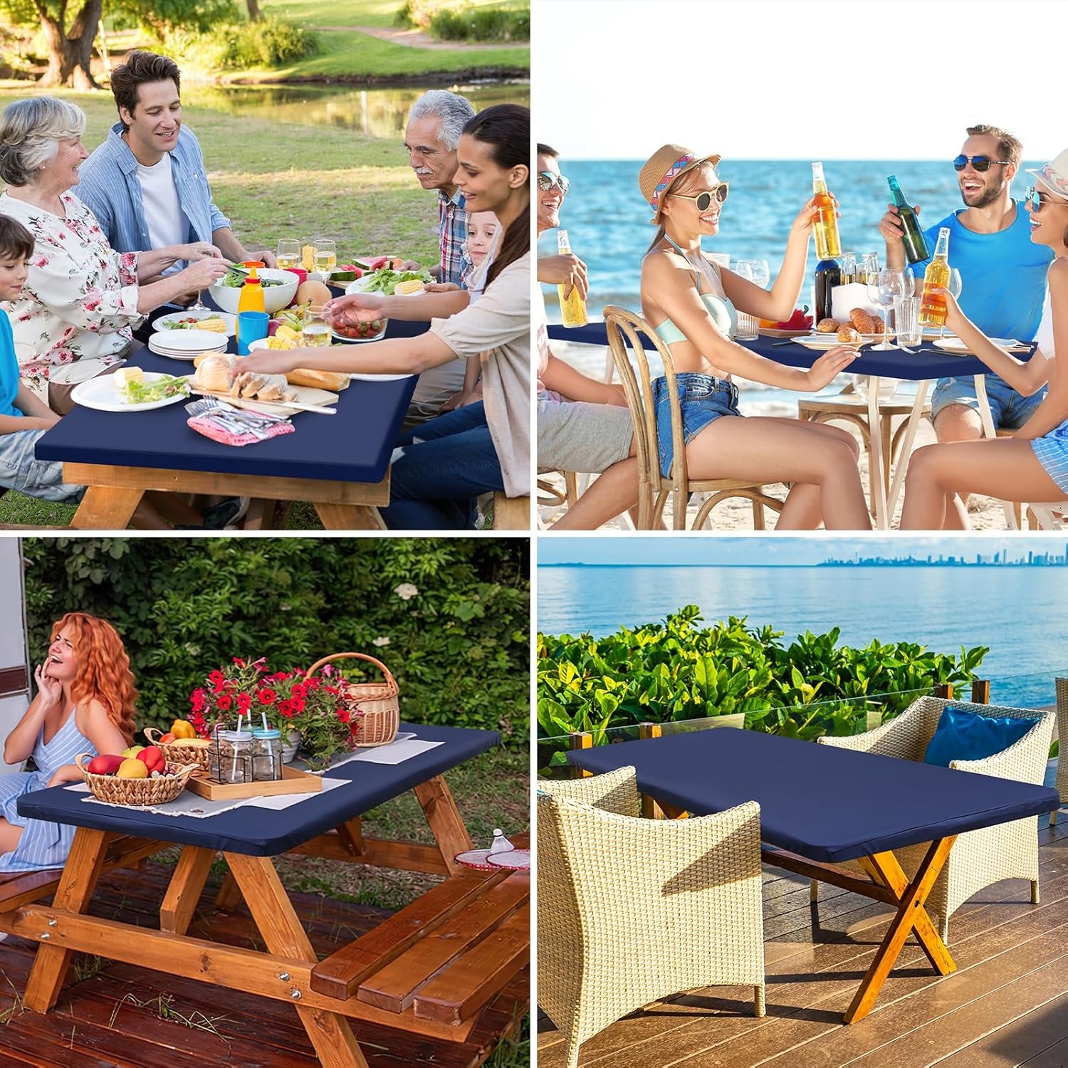 Rectangle Table Cloth Cover, Waterproof Polyester Elastic Fitted Tablecloth, Fits for 6 Foot Folding Tables, Washable Table Protector for Picnic, Camping, Outdoor (Navy Blue, 30" X 72")