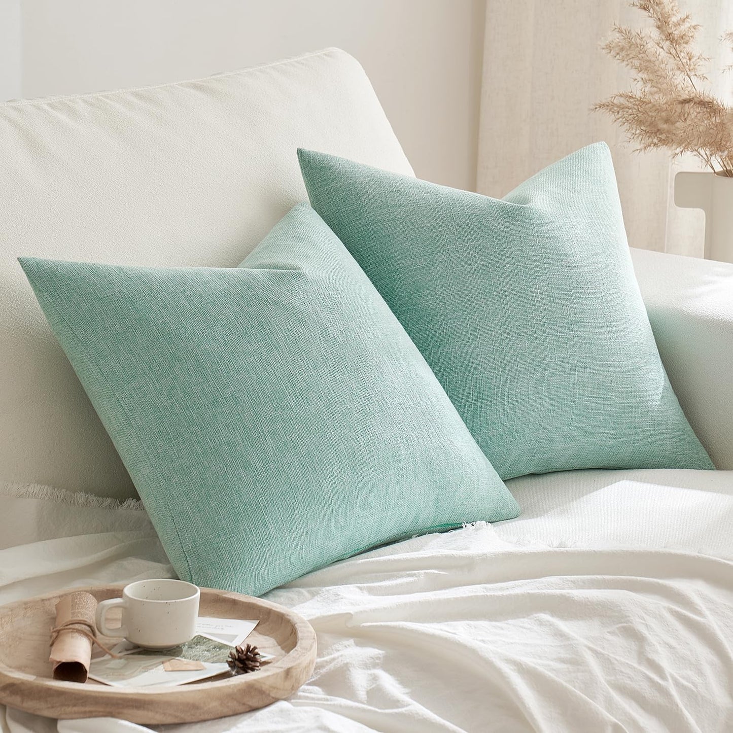 Pack of 2 Decorative Farmhouse Linen Pillow Covers Rustic Boho Accent Outdoor Couch Throw Pillow Covers for Cushion Bed Sofa Living Room Home Decor 18X18 Inch Aqua Green