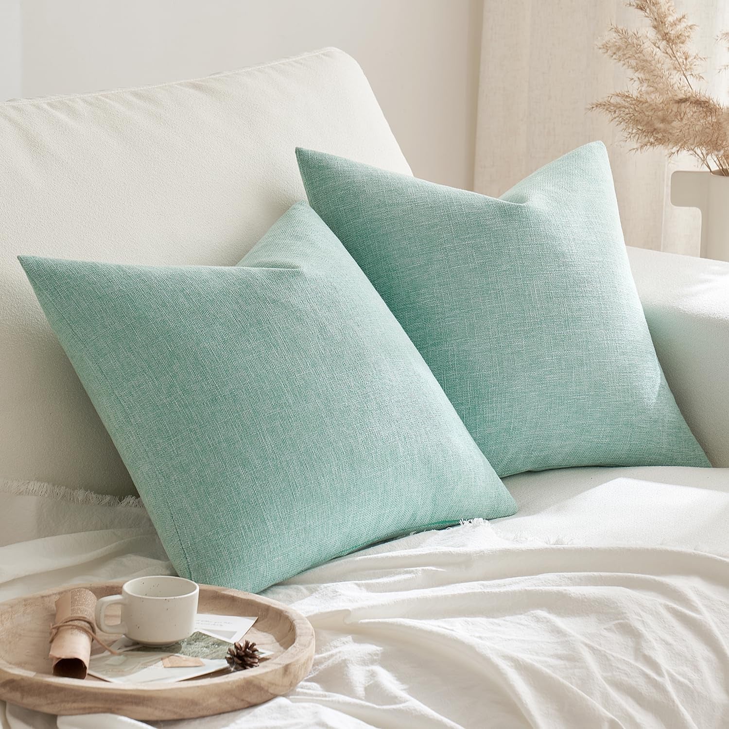 Pack of 2 Decorative Farmhouse Linen Pillow Covers Rustic Boho Accent Outdoor Couch Throw Pillow Covers for Cushion Bed Sofa Living Room Home Decor 18X18 Inch Aqua Green