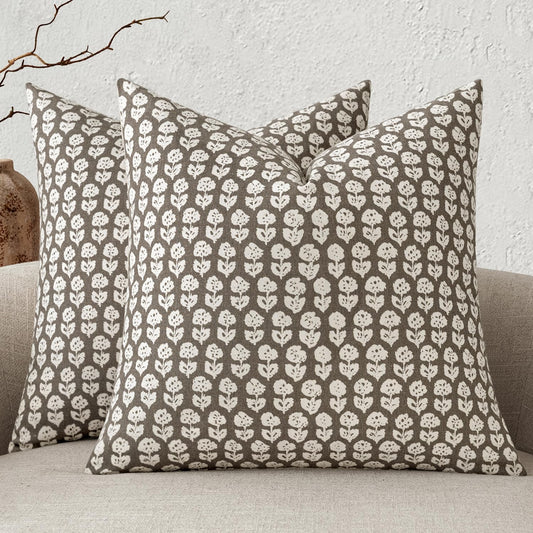Set of 2 Vintage Floral Block Print Pillow Covers, 20x20 Inches, Neutral Linen Farmhouse Cushion Cases for Living Room Sofa, Light Taupe
