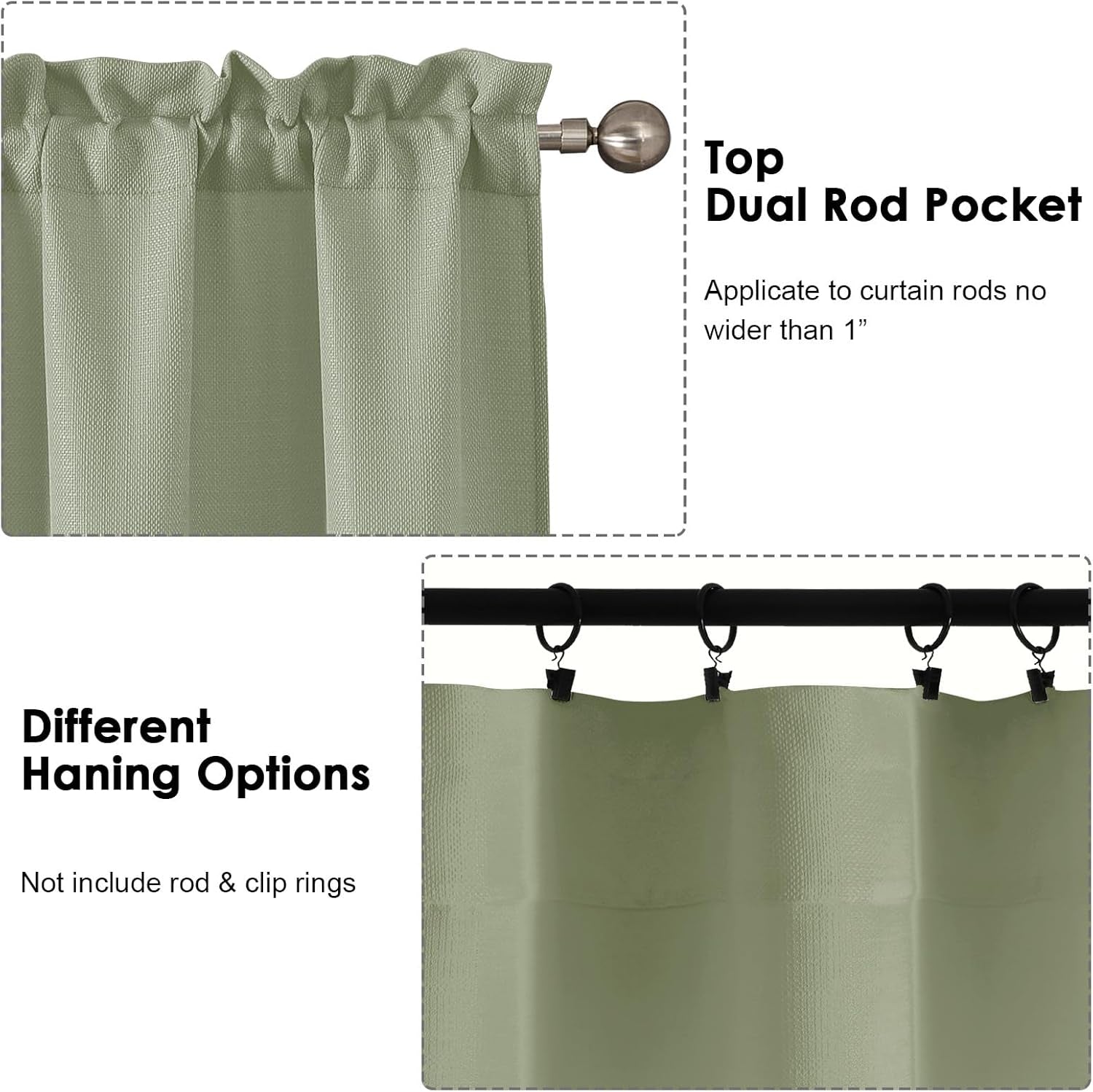 Bob 2 Panels Sage Green Kitchen Curtains Sets for Windows 36 Inch Length, Faux Linen Textured Short Cafe Curtains Tiers for Kitchen, Rod Pocket Small Window Drapes for Bathroom, 30Wx36L Inch