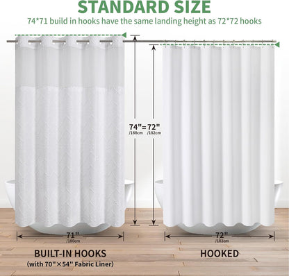White No Hook Shower Curtain with Fabric Snap in Liner Set, Boho Tufted Chevron Striped Shabby Chic Textured Shower Curtain with a Mash Top Window, Hotel Decor, 71" W X 74" L