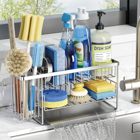 Silver 2-Tier Kitchen Sink Caddy Organzier Rack with Flexible Dish Brush Holder, Sponge Holder for Kitchen Sink Countertop Organization Storage,Home Decor Stainless Steel