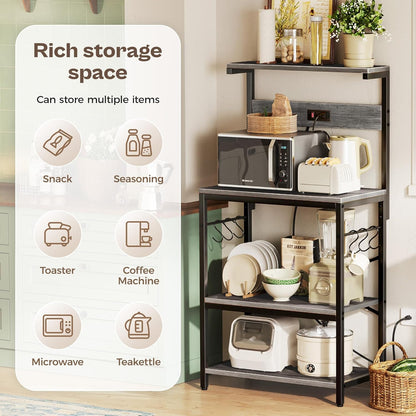 Professional Kitchen Bakers Rack with Power Outlet, 4-Tier Coffee Bar Table, Microwave Stand with 6 S-Shaped Hooks, Storage Shelf for Spices, Pots, and Pans - Charcoal Gray