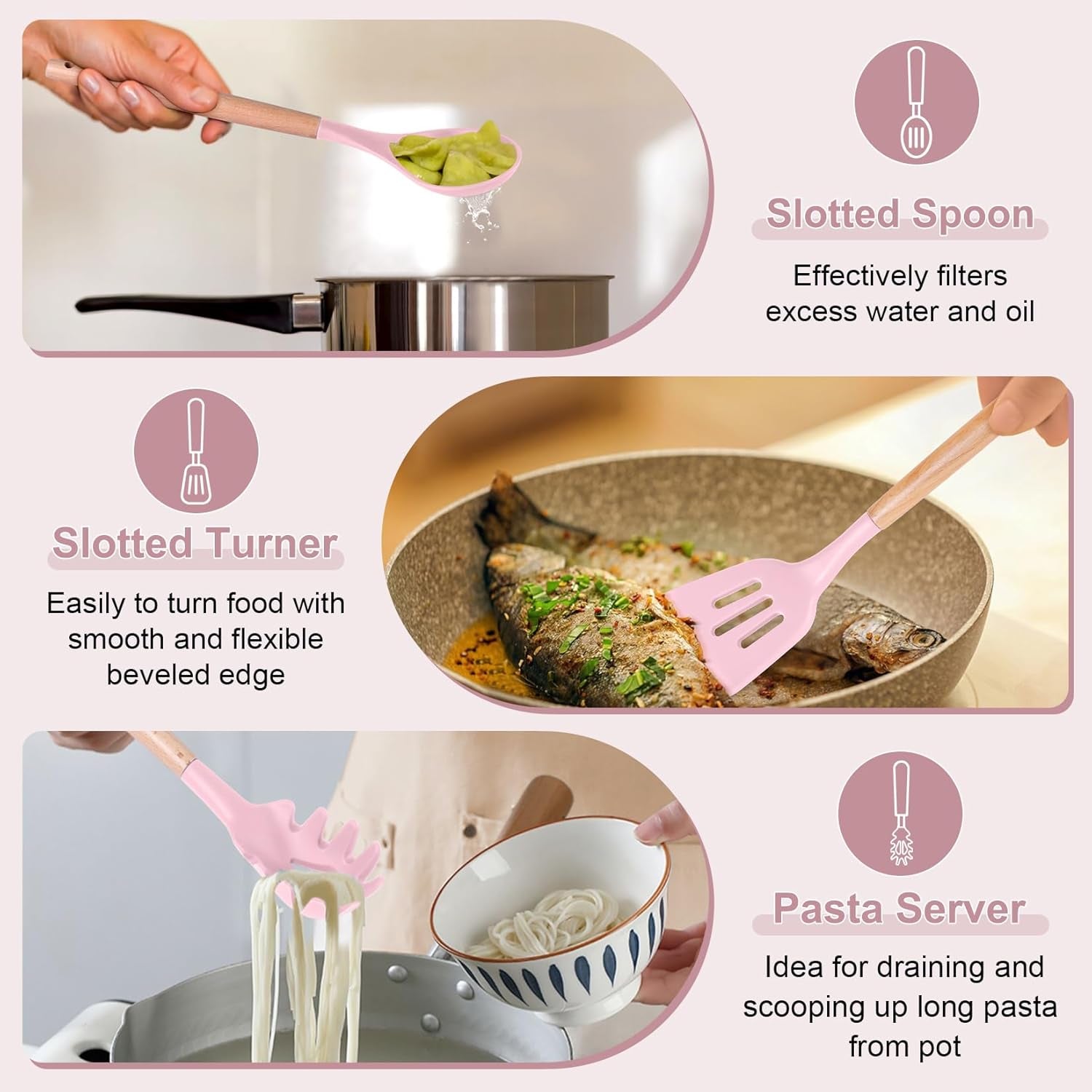 Cooking Utensils Set, 6 PCS Kitchen Utensils with Wooden Handle, Silicone Spatula for Nonstick Cookware, Easy Clean & Non-Toxic, Pink