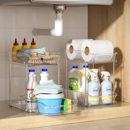 3 Pack Bathroom Organizers and Storage, 2 Tier Clear under Sink Organizer, Pull Out Medicine Cabinet Organizer