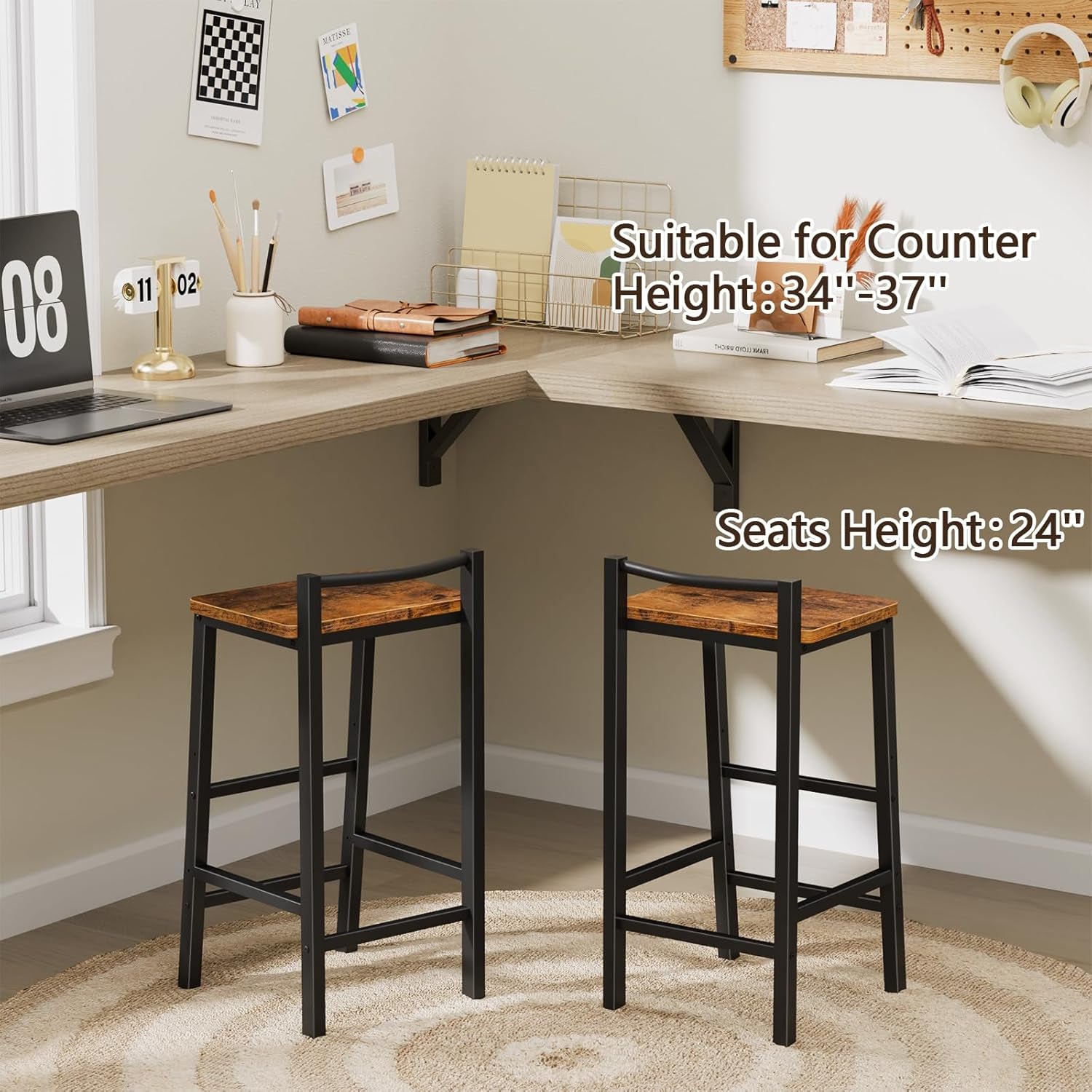 Adjustable Barstools, Bar Stools Set of 2, 24" Counter Height Stools, Modern Bar Stool with Footrest, Bar Chairs for Bar, Kitchen Lsland, Dining Room, Brown