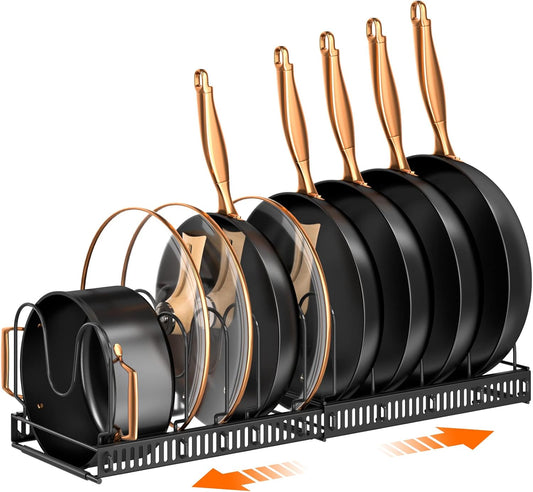 Pots and Pans Organizer Rack for under Cabinet, Expandable 11.71''-22.85'' Pot Lid Kitchen Cabinet Organizer Holder with 10 Adjustable Compartment Cutting Board Organizer for Pan Lid, Bakeware