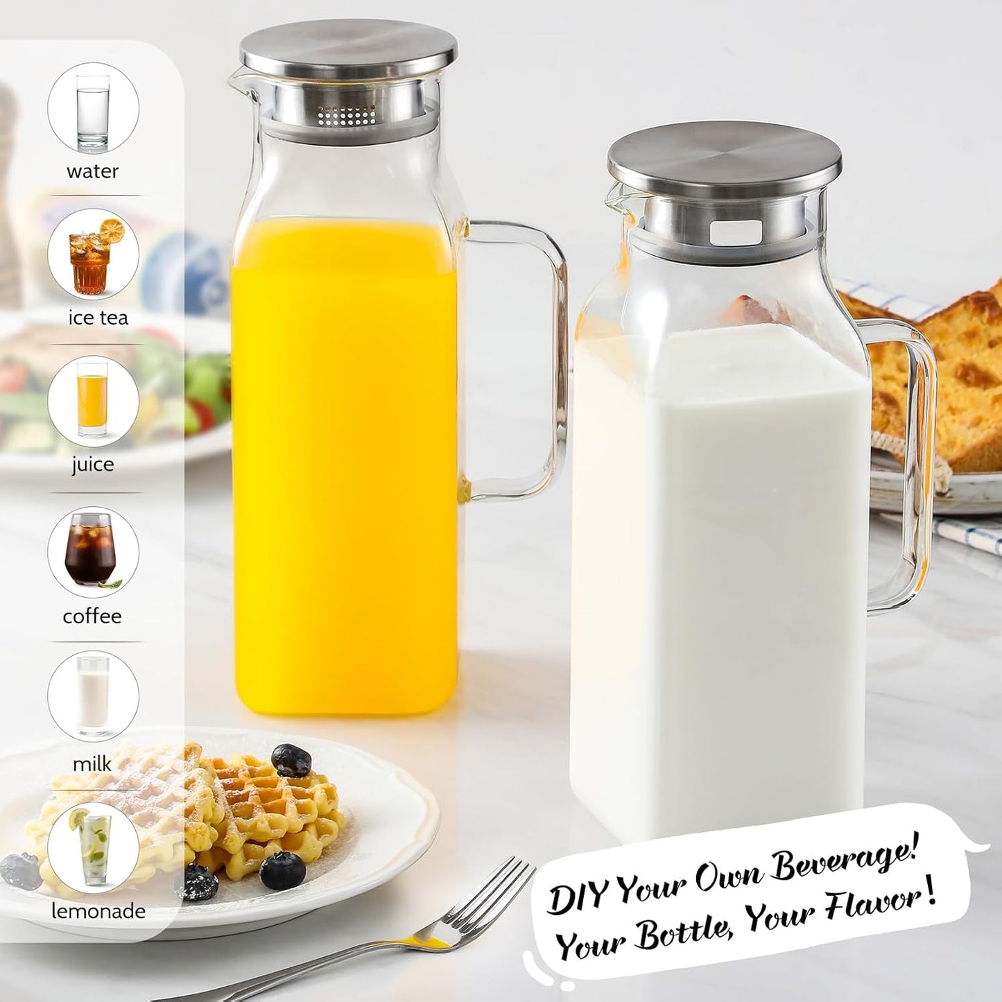 2 Pack 2 Liters/68 Oz Square Glass Pitcher with Lid and Handle for Fridge, Iced Tea and Coffee Carafe Beverage Serveware, Heat Resistant Borosilicate Water Jug for Hot/Cold Drinks and Milk