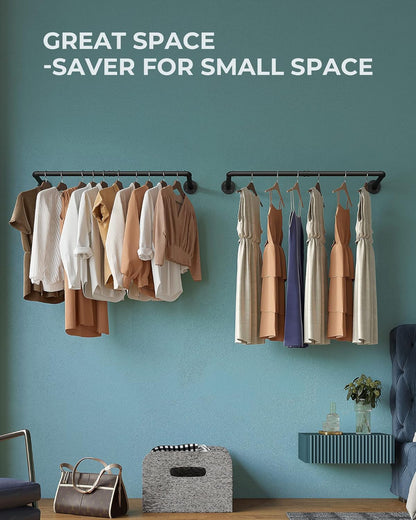 Industrial Pipe Clothes Rack Wall Mounted Set of 2, 38.4 Inches Heavy Duty Iron Pipe Clothing Garment Rail, Multi-Purpose Clothing Hanging Rod for Laundry Room and Closet Storage