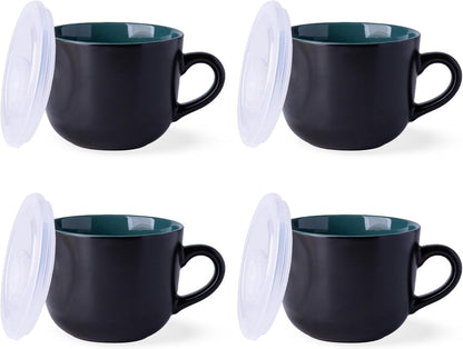 Ceramic Soup Mugs with Vented Lids, 24 Oz Capacity, Set of 4 in Green - Versatile for Soup, Coffee, Cereal, Salad, Noodles, and Tea, Microwave and Dishwasher Safe