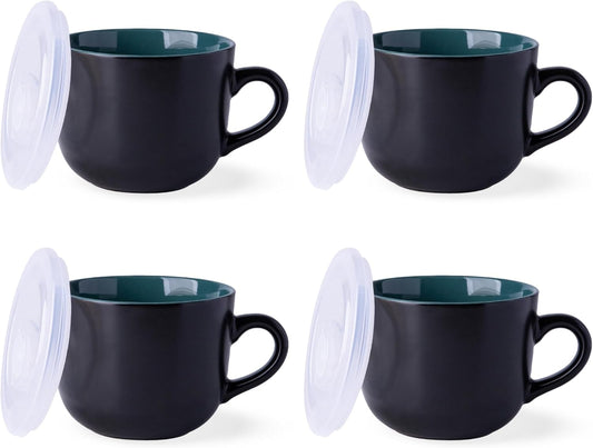 Ceramic Soup Mugs with Vented Lids, 24 Oz Capacity, Set of 4 in Green - Versatile for Soup, Coffee, Cereal, Salad, Noodles, and Tea, Microwave and Dishwasher Safe