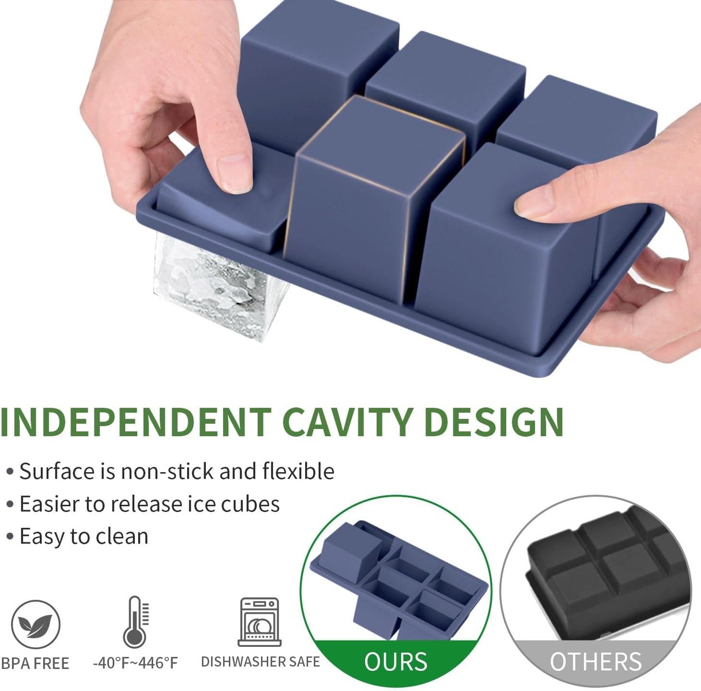 Large Ice Cube Tray for Whiskey: Big Square Ice Cube Maker for Cocktail - 2 Pack Silicone Old Fashioned Ice Cube Trays - 2 Inch Huge Cubed Ice Trays for Whisky