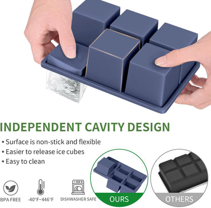 Large Ice Cube Tray for Whiskey: Big Square Ice Cube Maker for Cocktail - 2 Pack Silicone Old Fashioned Ice Cube Trays - 2 Inch Huge Cubed Ice Trays for Whisky