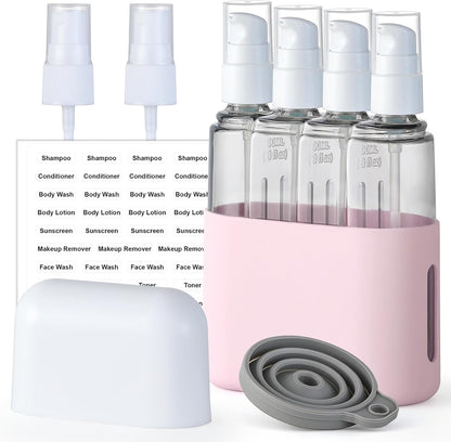3Oz Travel Bottles for Toiletries, 4 Pack Tsa Approved Portable Travel Size Containers for Shampoo Liquid with Labels, Leak Proof Refillable Containers Dispenser Set - Pink