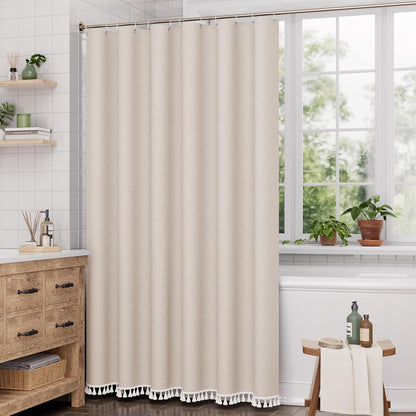 Boho Shower Curtain for Bathroom, 72X72 Beige Shower Curtain with Tassels, Modern Farmhouse Shower Curtain Set with Hooks, Neutral Faux Linen Light Tan Toned, Water Repellent