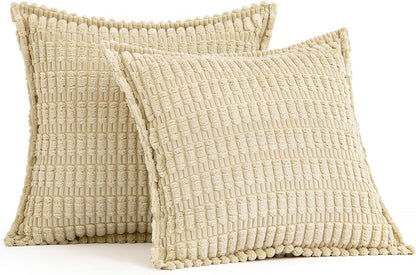Beige Corduroy Decorative Throw Pillow Covers Pack of 2 Soft Striped Pillows Pillowcases with Broad Edge Winter Modern Boho Home Decor for Couch Sofa Bed 18X18 Inch