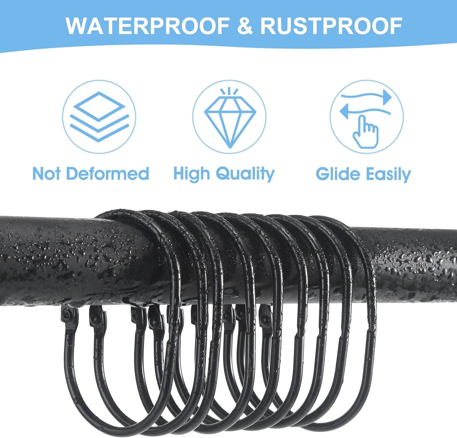 Shower Curtain Rings, 12 Pcs Shower Curtain Hooks, Oval Snap Shower Rings for Curtain, Metal Black Shower Curtain Rings Rust Proof, Glide Smoothly Shower Hooks for Shower Curtain Rod (Black)