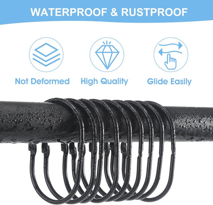 Shower Curtain Rings, 12 Pcs Shower Curtain Hooks, Oval Snap Shower Rings for Curtain, Metal Black Shower Curtain Rings Rust Proof, Glide Smoothly Shower Hooks for Shower Curtain Rod (Black)