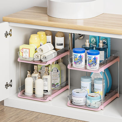 2 Sets of 2-Tier Multi-Purpose Bathroom under Sink Organizers and Storage, Stackable Kitchen Pantry Organization, Pull Out Medicine Cabinet Organizer with 8 Movable Dividers, Pink