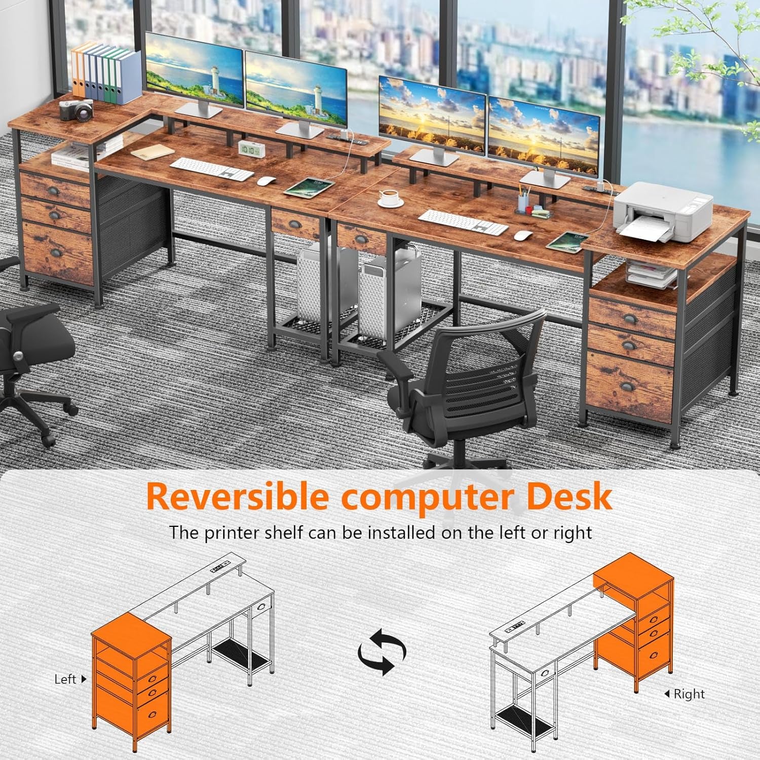 60" Computer Desk with 4 Drawers and Printer Space, Gaming Desk with LED Lights and USB Power Outlets, Office Desk with Fabric File Cabinet, Work Table with Shelf for Bedroom, Rustic Brown