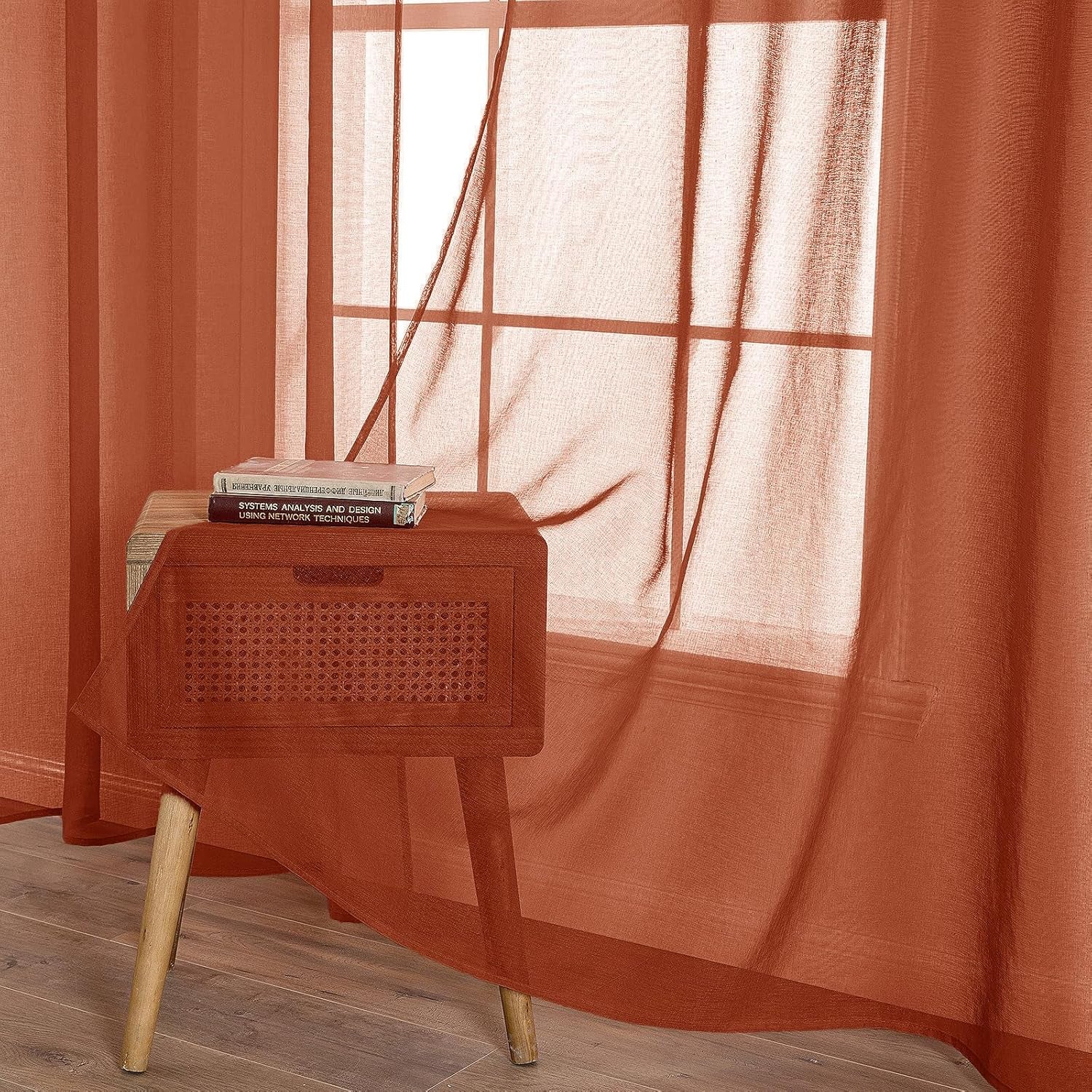 Terracotta Linen Textured Sheer Curtains 2 Panels for Kitchen/Bedroom/Living Room Semi Transparent Voile Drapes Rust Boho Farmhouse Fall Decor Window Panels Rod Pocket, W 54 X L 54 Inches Long