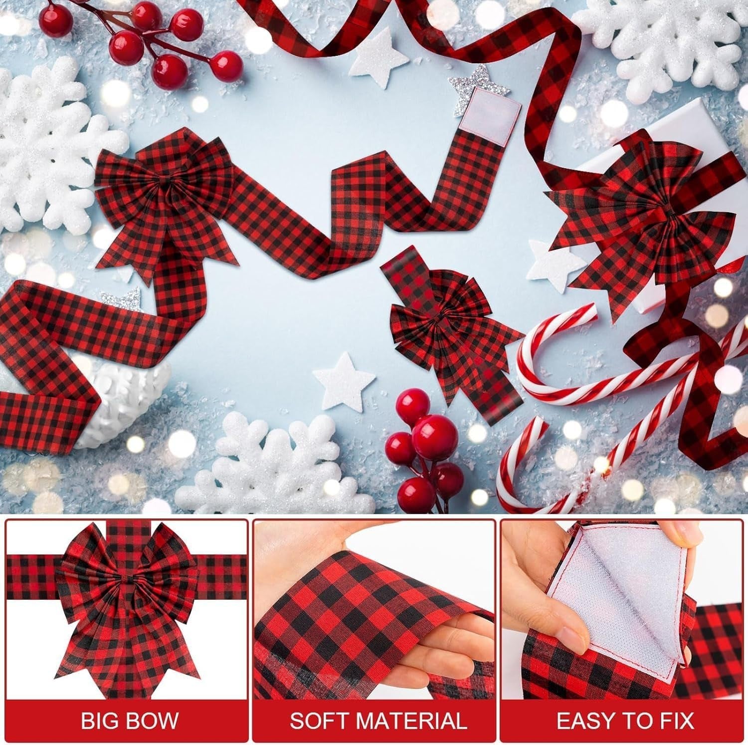 14 Ft Christmas Cabinet Door Ribbons Bows Large Christmas Burlap Plaid Red Ribbons Bows Kitchen Ribbons Bows Christmas Kitchen Decorations for Christmas Home Kitchen (Red-B)