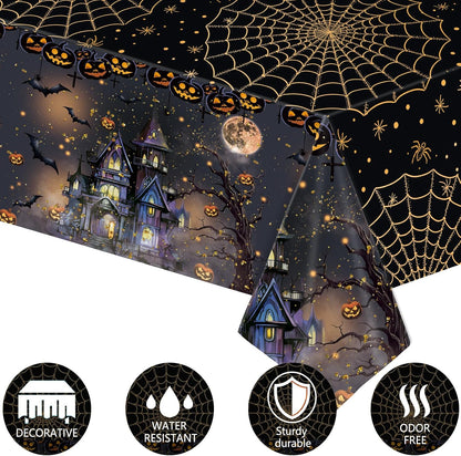 3 Packs Black Halloween Tablecloth 54 X 108 Inches Scary Castle Ghost Pumpkin Table Cloth Disposable Waterproof Plastic Bat Gold Spider Web Table Cover Trick or Treat for Halloween Party Dining