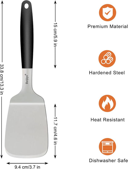 Metal Spatula for Cast Iron Skillet and Flat Top Grills, 1.5 Mm Thick Stainless Steel Cooking Turner with Full Tang Silicone Handle, Smash Burger Spatula, Egg and Pancake Flipper, 3.7 in Wide