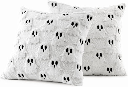 Halloween Pillow Covers Set of 2 White Ghost Decorative Soft Throw Pillows Plush Faux Fur Wool Couch Cushion Case for Fall Decor Chair Sofa Bedroom Living Room 18X18 Inch
