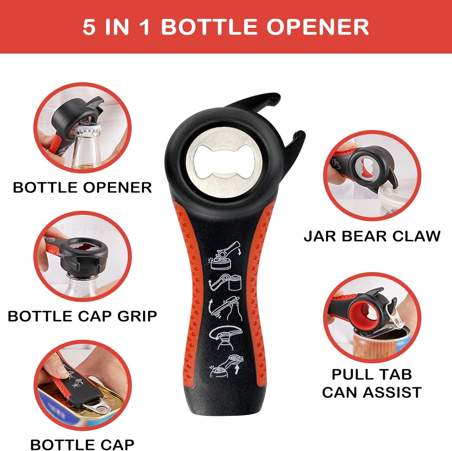 Jar Opener for Weak Hands, Seniors with Arthritis, 5 in 1 Multi Function Bottle Opener Lid Opener for Arthritic Hands with Corkscrew Wine Opener (Red)