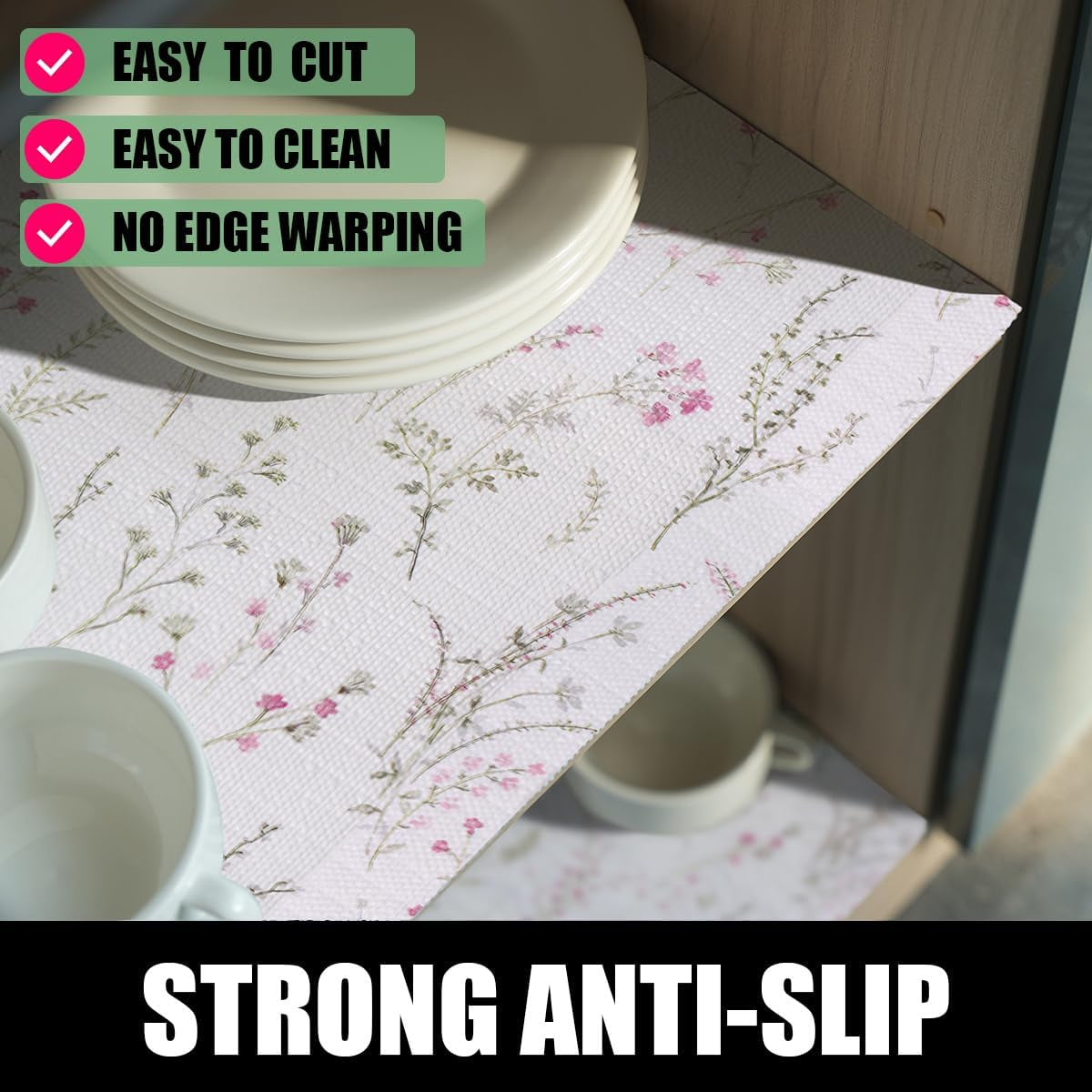 Floral Drawer and Shelf Liner for Cabinets, Non-Adhesive and Strong Non-Slip Flower Shelf Cabinet Drawer Liners for Kitchen,Table,Bookshelves,Waterproof Cupboard Liners,12In X 10FT