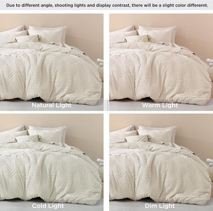 King Size Comforter Set Beige, 3 Pieces Cream Tufted Boho Farmhouse Bedding Comforter Sets, Lightweight Fluffy Comforter Bed Set for All Season (104X90In Comforter and 2 Pillowcases)