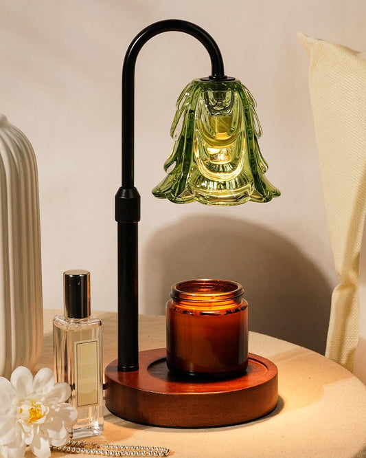 Small Candle Warmer Lamp with Timer, Adjustable Green Lamp Warmer for Jar Candles, Unique Women Gifts for Birthday, Dimmable Candle Heater, House Warming Gifts, Cute Wax Warming Light with Wood Base