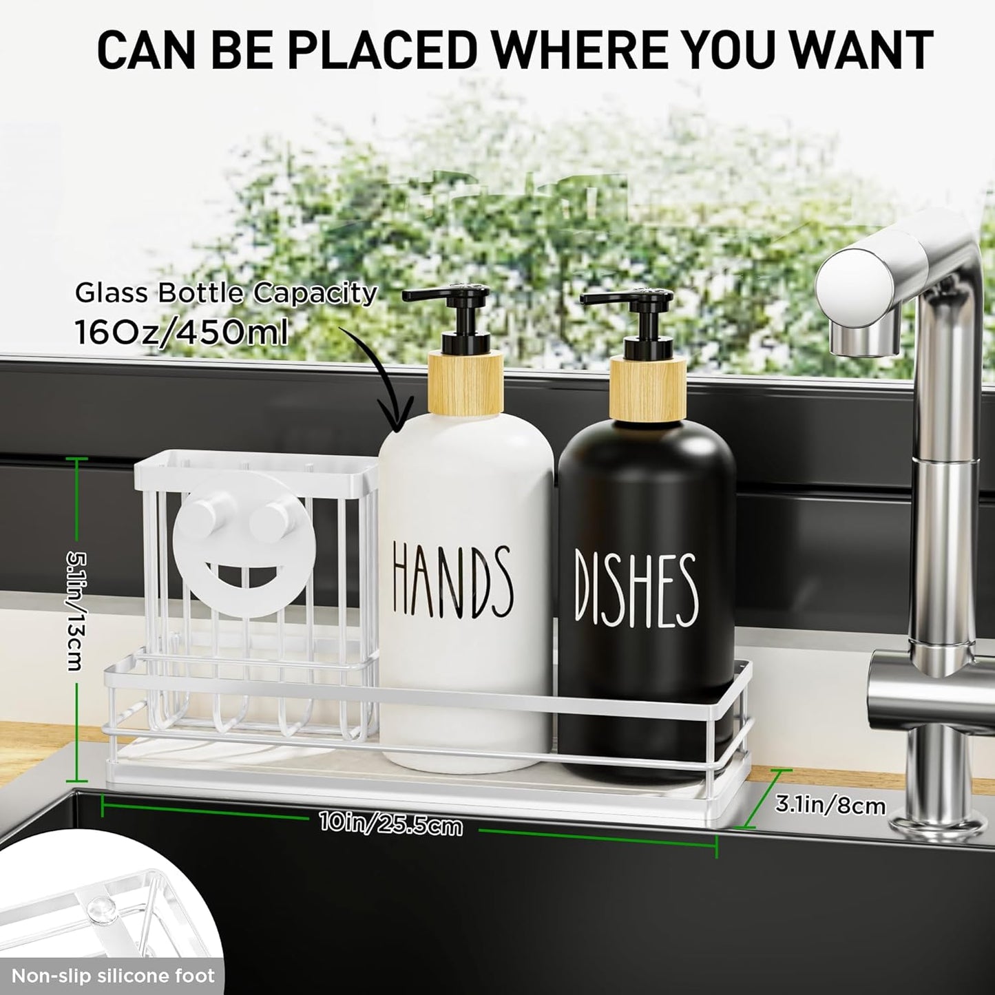 Kitchen Dish Soap Dispenser Set, 16OZ Glass Bottle, Hand and Dish Soap Dispenser Set, Instant Dry Tray, Non-Slip Silicone Pad, Brush Holder with Smiley Face Sponge Holder, Kitchen Decor