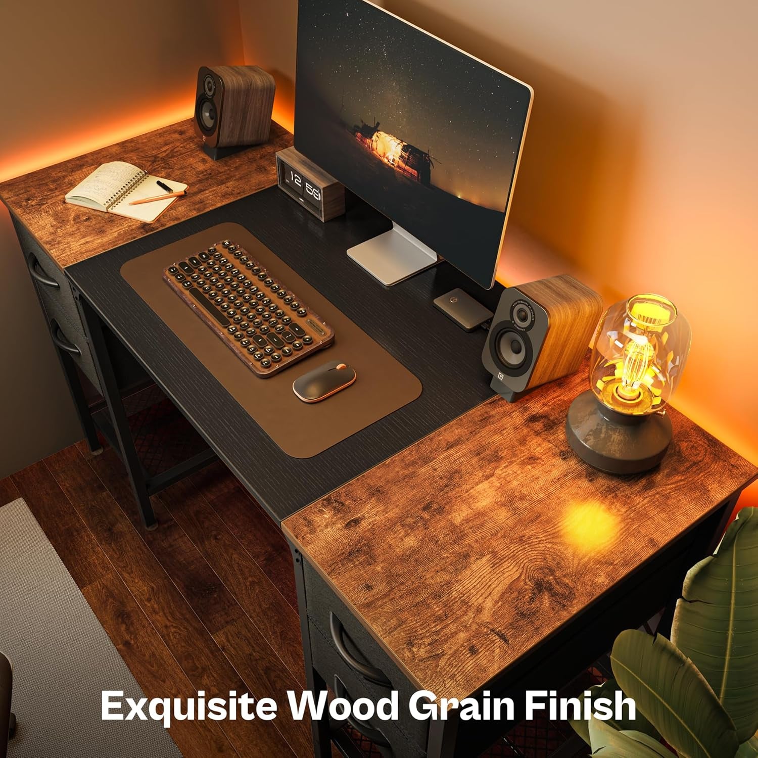 47-Inch Computer Desk with Four Drawers and Mesh Shelf, Versatile Office and Gaming Desk with Ample Storage for Home Office, Study, and Bedroom, Rustic Brown and Black Finish