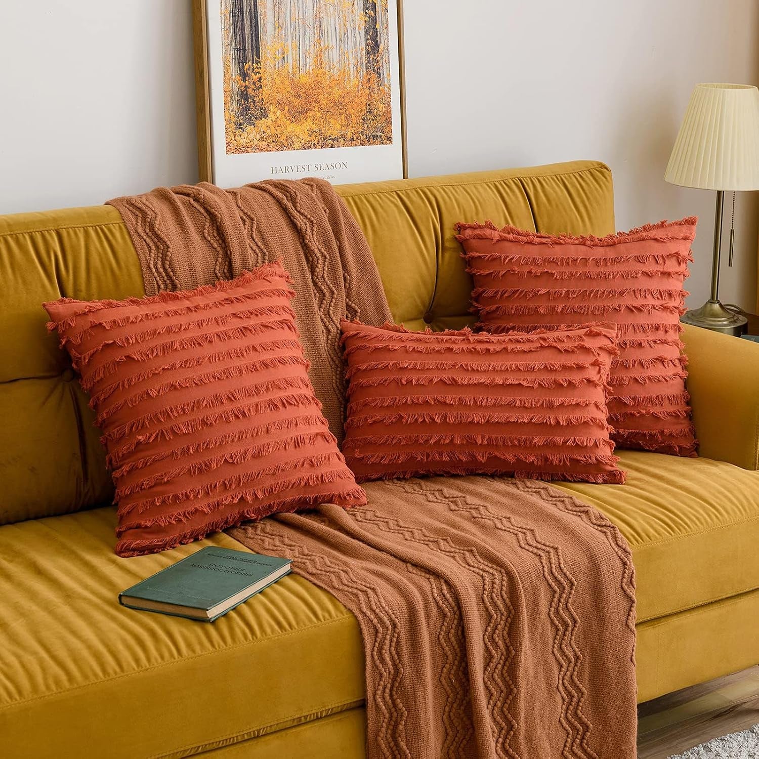 Set of 2 Fall Decorative Boho Throw Pillow Covers Linen Striped Jacquard Pattern Cushion Covers for Sofa Couch Living Room Bedroom 18X18 Inch Burnt Orange